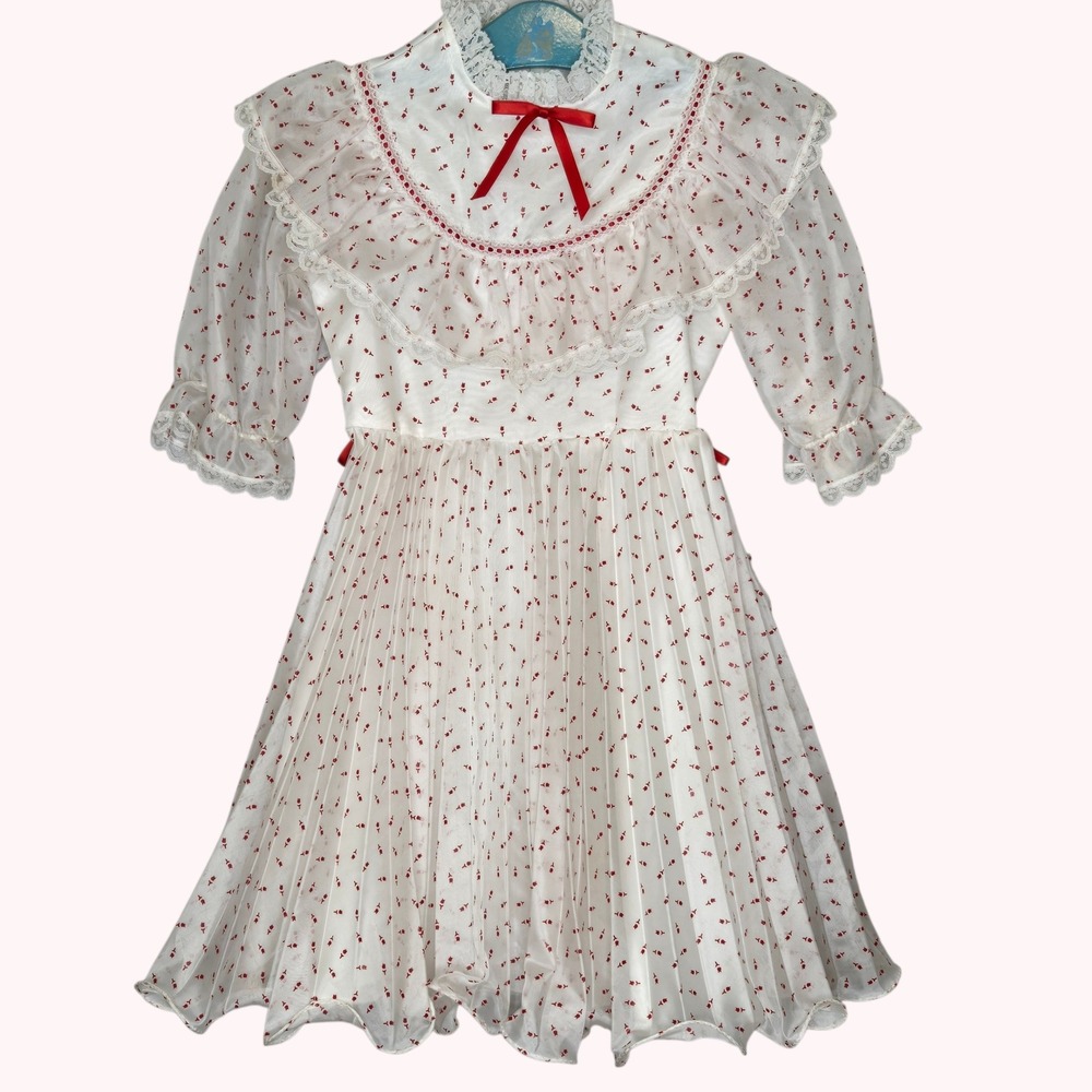 Vtg Merry Girl‎ Pleated Party Dress 8 Red Bow Tulip Cottagecore ILGWU 70s 80s